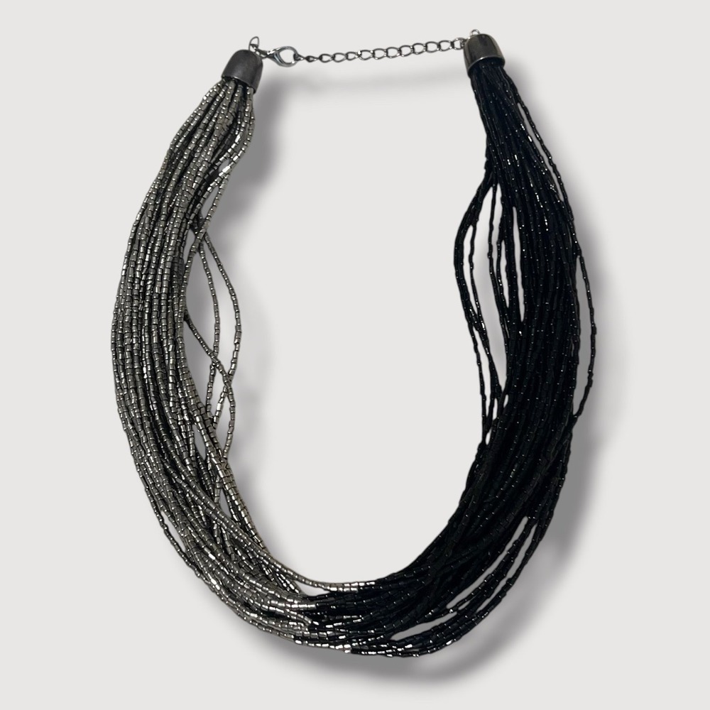 Vtg Multi Strand Seed Bead Necklace Black Silver Tone Layered Statement Chic